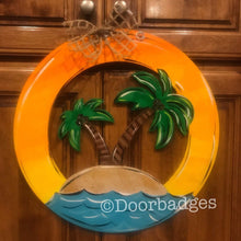 Load image into Gallery viewer, Palm tree summer Door Hanger - beach door Decor - pool wreath - tropical - hand painted personalized door hanger - DoorBadges
