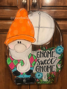 Spring Gnome Door Hanger - Home Sweet Home door Decor - Gnome Flowers wreath - Summer hand painted personalized door hanger - DoorBadges