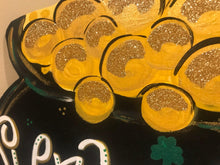 Load image into Gallery viewer, St Patrick&#39;s Day Door Hanger - pot of gold  door Decor - st pats wreath - st patty hand painted personalized door hanger - DoorBadges
