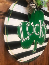 Load image into Gallery viewer, St Patrick&#39;s Day Door Hanger - lucky shamrock door Decor - st pats wreath - st patty hand painted personalized door hanger - DoorBadges

