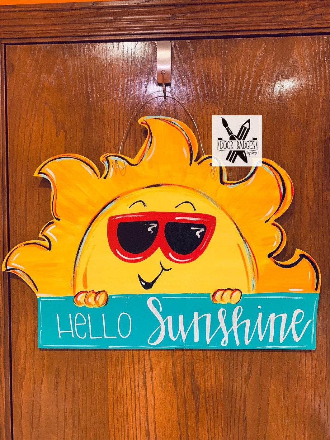 Summer Sunshine Door Hanger,  Hello Sunshine sunglasses, teacher gift, wood cut out hand painted door hanger - DoorBadges