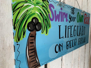 Pool Sign, Lifeguard Duty Sign, Swim sign decor, wood cut out hand painted door hanger - DoorBadges