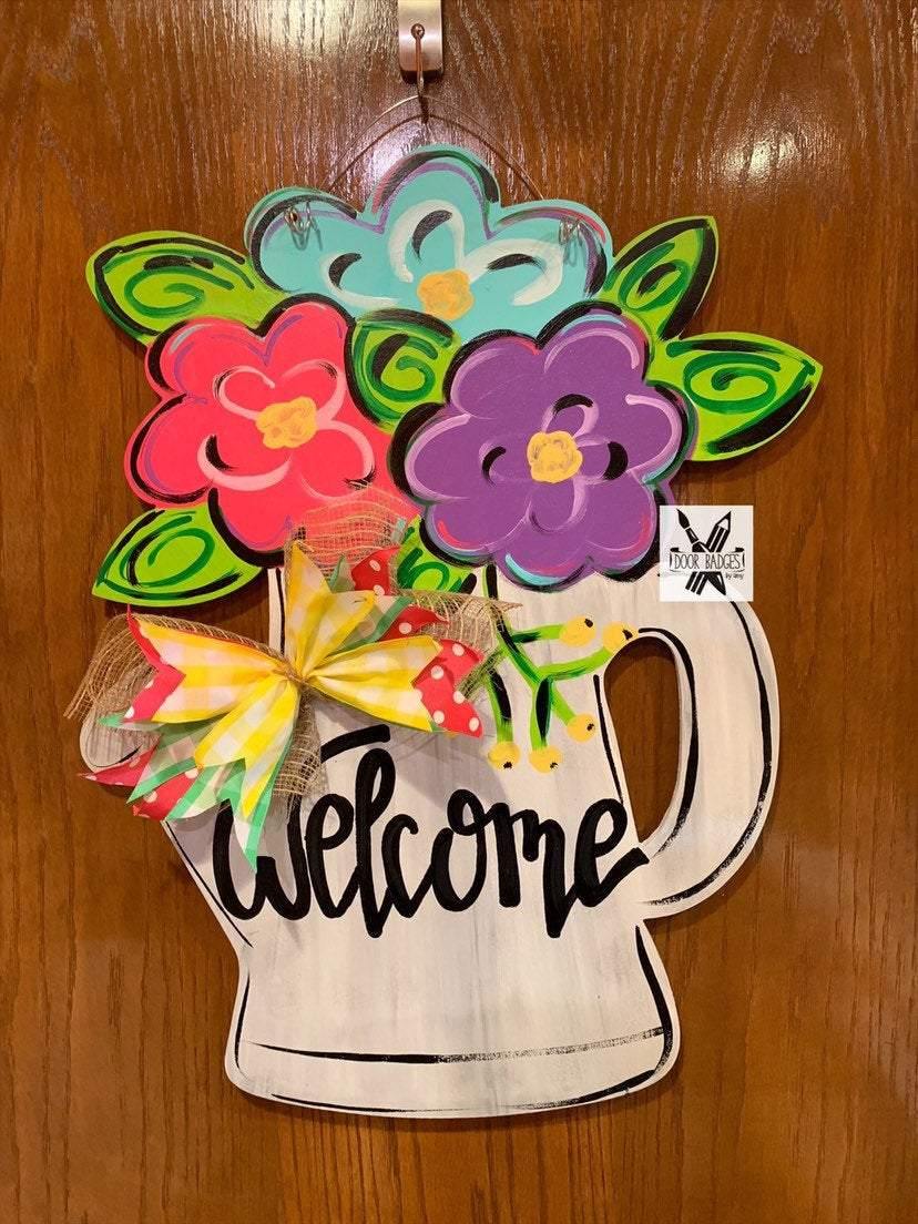 Flower Watering Can door hanger, spring - summer flower wood cut out hand painted door hanger - DoorBadges