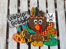 Load image into Gallery viewer, Turkey Door Hanger- Thanksgiving Pilgrim Door Decor-Turkey-Fall-Wreath-wood cut out-hand painted door hanger - DoorBadges
