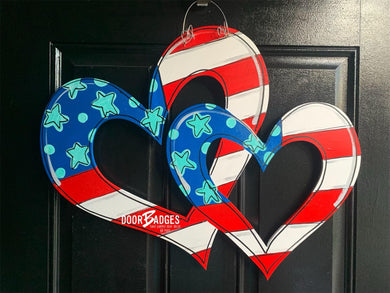 Patriotic Double Hearts - American Flag - July 4th Door Hanger - DoorBadges