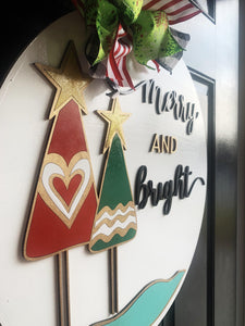 Merry and Bright 18" door hanger, 3D Winter Christmas Snow  wood cut out hand painted door hanger - DoorBadges
