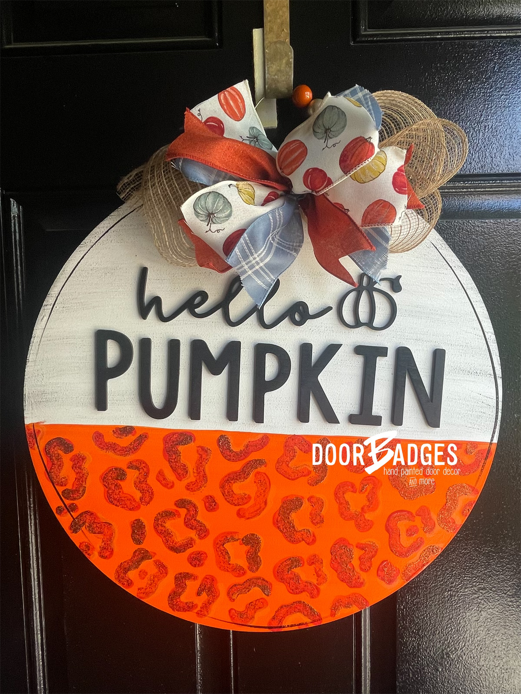 Hello Pumpkin Round Door Hanger - Hello Fall Pumpkin Decor  -  Fall Door Hanger - Pumpkin Wreath - DoorBadges