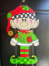 Load image into Gallery viewer, Christmas Elf door hanger, Winter Christmas wood cut out hand painted door hanger - DoorBadges
