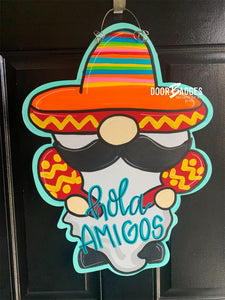 Cinco de Mayo Gnome Door Hanger - Mexican Sombrero hand painted personalized door hanger - DoorBadges