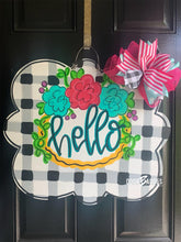 Load image into Gallery viewer, Welcome Plaid Floral Door Hanger - DoorBadges
