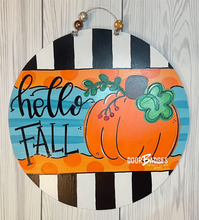 Load image into Gallery viewer, Hello Fall Pumpkin Round Door Hanger - Pumpkin Decor  -  Fall Door Hanger - Pumpkin Wreath - DoorBadges
