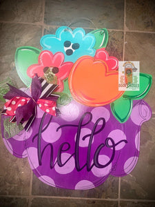 Summer tea pot with flowers door hanger  -  hand painted personalized door hanger - DoorBadges