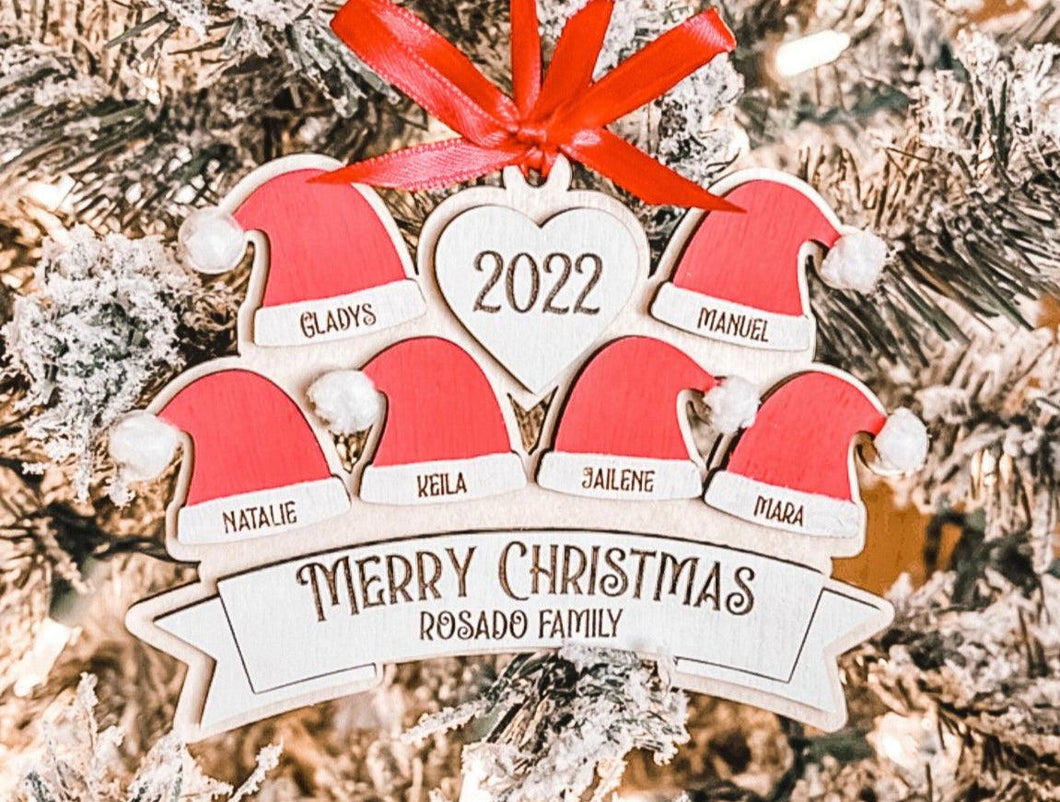 Christmas Family Santa Hat Ornament - Wooden Ornament - DoorBadges