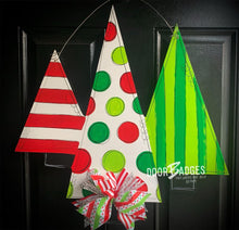 Load image into Gallery viewer, Christmas Tree Trio door hanger, Winter Christmas Snow  wood cut out hand painted door hanger - DoorBadges
