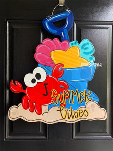 Sand Bucket Summer Door Hanger,  Summer Sunshine, gift, wood cut out hand painted door hanger - DoorBadges