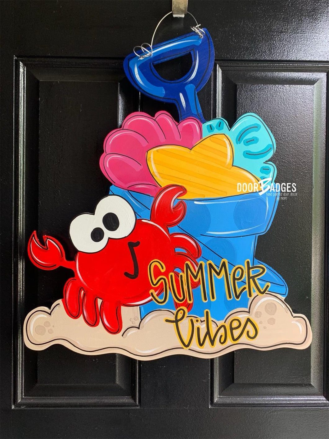 Sand Bucket Summer Door Hanger,  Summer Sunshine, gift, wood cut out hand painted door hanger - DoorBadges