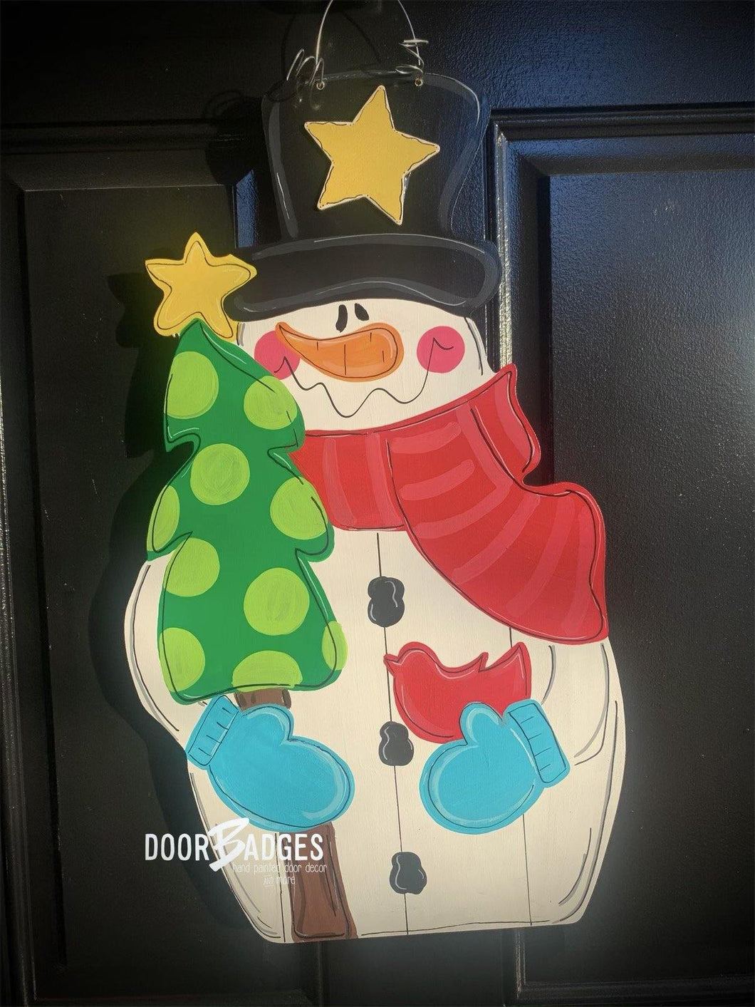 Snowman with Tree Door Hanger - Winter Door Decoration - DoorBadges