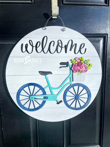 Welcome Bicycle Round 3D Doorhanger - 3D Summer door decor - wooden hand painted doorhanger - DoorBadges