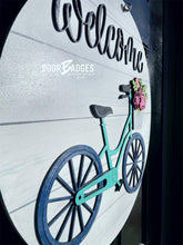 Load image into Gallery viewer, Welcome Bicycle Round 3D Doorhanger - 3D Summer door decor - wooden hand painted doorhanger - DoorBadges

