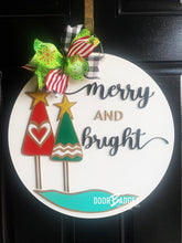 Load image into Gallery viewer, Merry and Bright 18&quot; door hanger, 3D Winter Christmas Snow  wood cut out hand painted door hanger - DoorBadges
