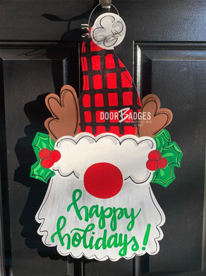 Christmas Reindeer Gnome Door Hanger - wood cut out hand painted personalized door hanger - DoorBadges