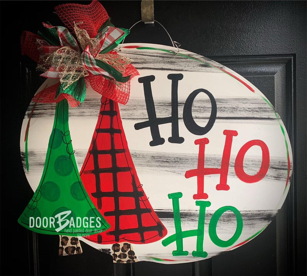 Christmas Tree Oval door hanger, Winter Christmas Snow  wood cut out hand painted door hanger - DoorBadges