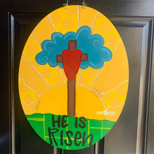 Load image into Gallery viewer, Easter Cross “He Is Risen” Door Hanger - DoorBadges
