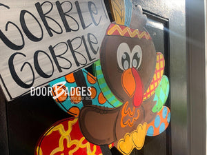 Turkey Door Hanger- Thanksgiving Pilgrim Door Decor-Turkey-Fall-Wreath-wood cut out-hand painted door hanger - DoorBadges