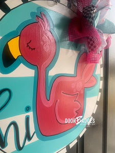 Flamingo Summer Door Hanger - Summer Door Decor -  hand painted personalized door hanger - DoorBadges