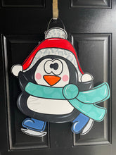 Load image into Gallery viewer, Penguin on skates Door Hanger - Colorful Winter Door Decoration - DoorBadges
