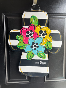 Floral Cross with Stripes Doorhanger - 3D Summer door decor - wooden hand painted doorhanger - DoorBadges