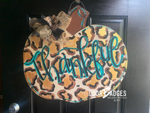 Load image into Gallery viewer, Pumpkin Leopard Door Hanger, Leopard Print - Fall - Autumn - harvest - Thanksgiving -  pumpkin - wood cut out hand painted door hanger - DoorBadges
