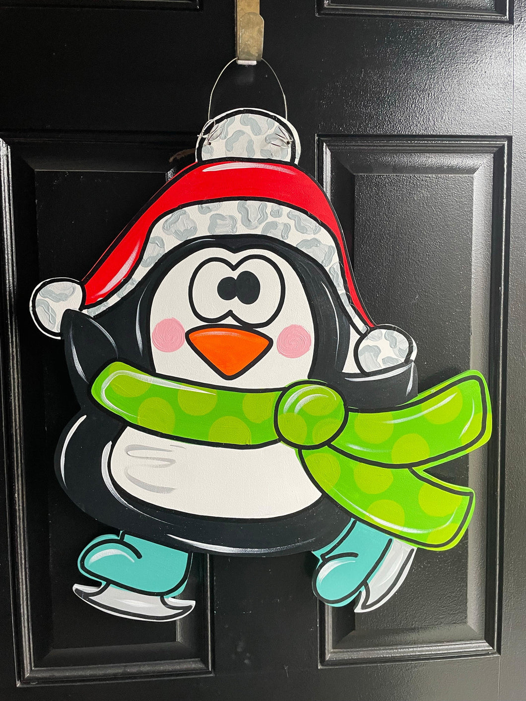 Penguin on skates Door Hanger - Colorful Winter Door Decoration - DoorBadges
