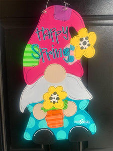 Spring Gnome Door Hanger - Gnome Flower wreath - love hand painted personalized door hanger - DoorBadges