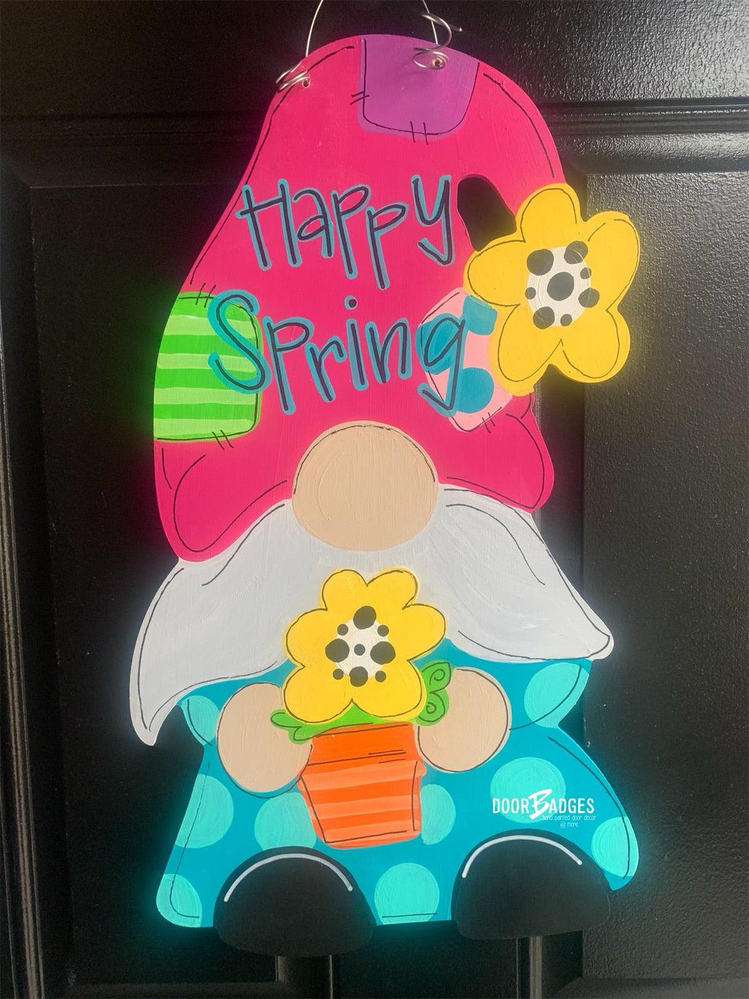 Spring Gnome Door Hanger - Gnome Flower wreath - love hand painted personalized door hanger - DoorBadges