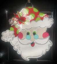 Load image into Gallery viewer, Santa with Glasses Door Hanger, Christmas Door Decor, Winter Wreath, Holiday,  Santa Decor,  wood cut out hand painted door hanger - DoorBadges
