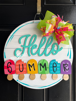 Hello Summer Popsicle Round Doorhanger - 3D Summer door decor - wooden hand painted doorhanger - DoorBadges