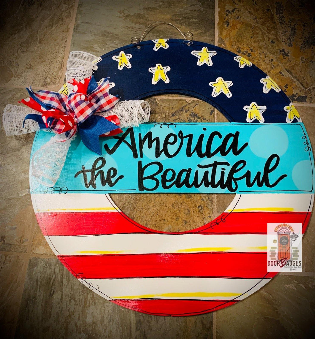 America the Beautiful round cutout - July 4th Door Hanger - DoorBadges