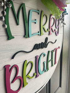 Merry & Bright Round door hanger, Winter Christmas Snow hand painted door hanger - DoorBadges