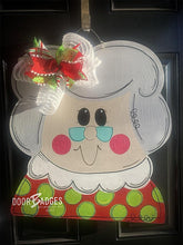 Load image into Gallery viewer, Mrs. Claus Santa Door Hanger, Christmas Door Decor, Winter Wreath, Holiday,  Santa Decor,  wood cut out hand painted door hanger - DoorBadges
