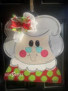 Mrs. Claus Santa Door Hanger, Christmas Door Decor, Winter Wreath, Holiday,  Santa Decor,  wood cut out hand painted door hanger - DoorBadges