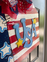 Load image into Gallery viewer, USA tag Doorhanger- Fourth of July Door Hanger - Patriotic door Decor -  hand painted door hanger - DoorBadges
