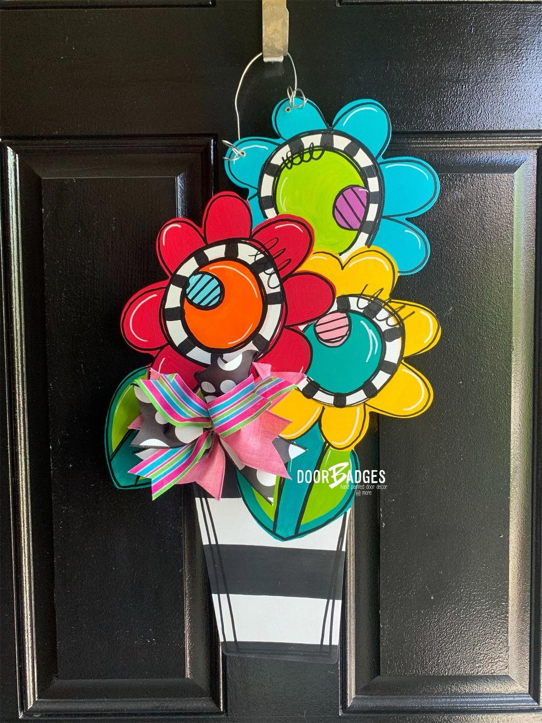 Funky Flowers in a pot door hanger, spring flower, summer flower - DoorBadges