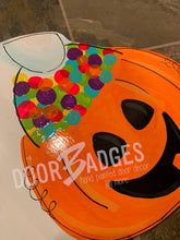 Load image into Gallery viewer, Halloween Ghost with Candy Door Hanger- Ghost Door Decor-Spooky-Fall-Wreath-wood cut out-hand painted door hanger - DoorBadges
